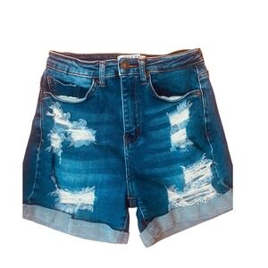 Wax Jean Collection Womens Distressed Denim Shorts Medium Wash Cuffed Size S
